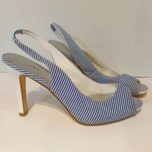 FIONI Striped Blue and White Slingback 4 INCH Heels‎ Peep toe Sz 8 1/2
